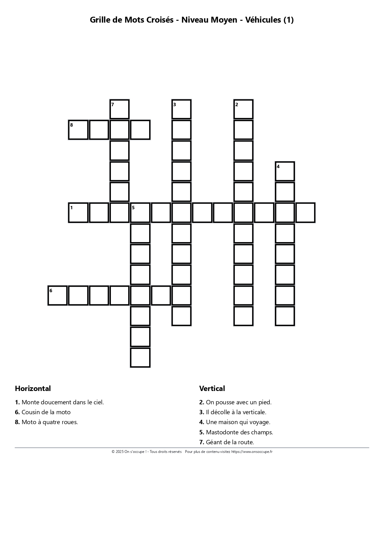 Véhicules (1) - Mots Croisés à imprimer gratuitement