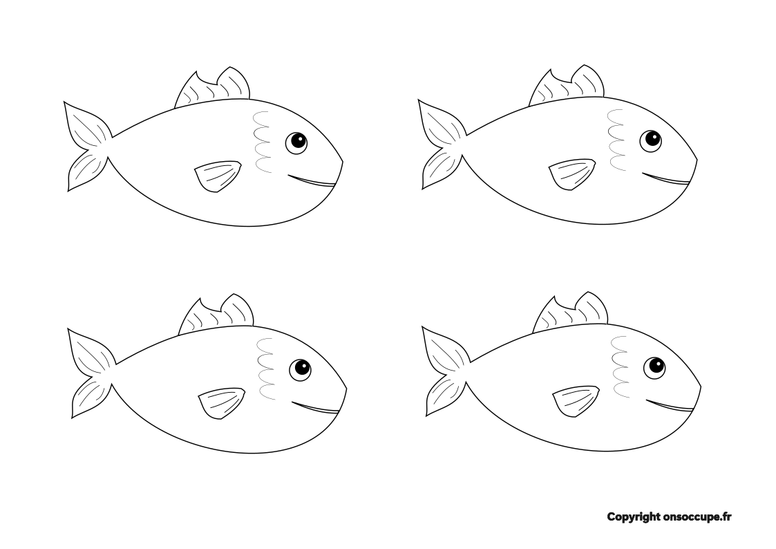Coloriage  Planche de 4 poissons d'avril identiques à colorier et découper - 1er Avril à imprimer gratuitement