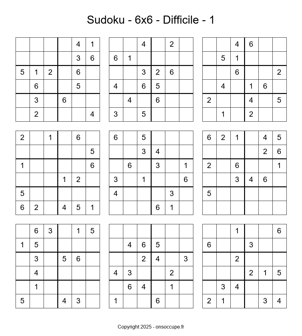 Sudoku 6×6 Difficile (1) - Sudoku à imprimer gratuitement