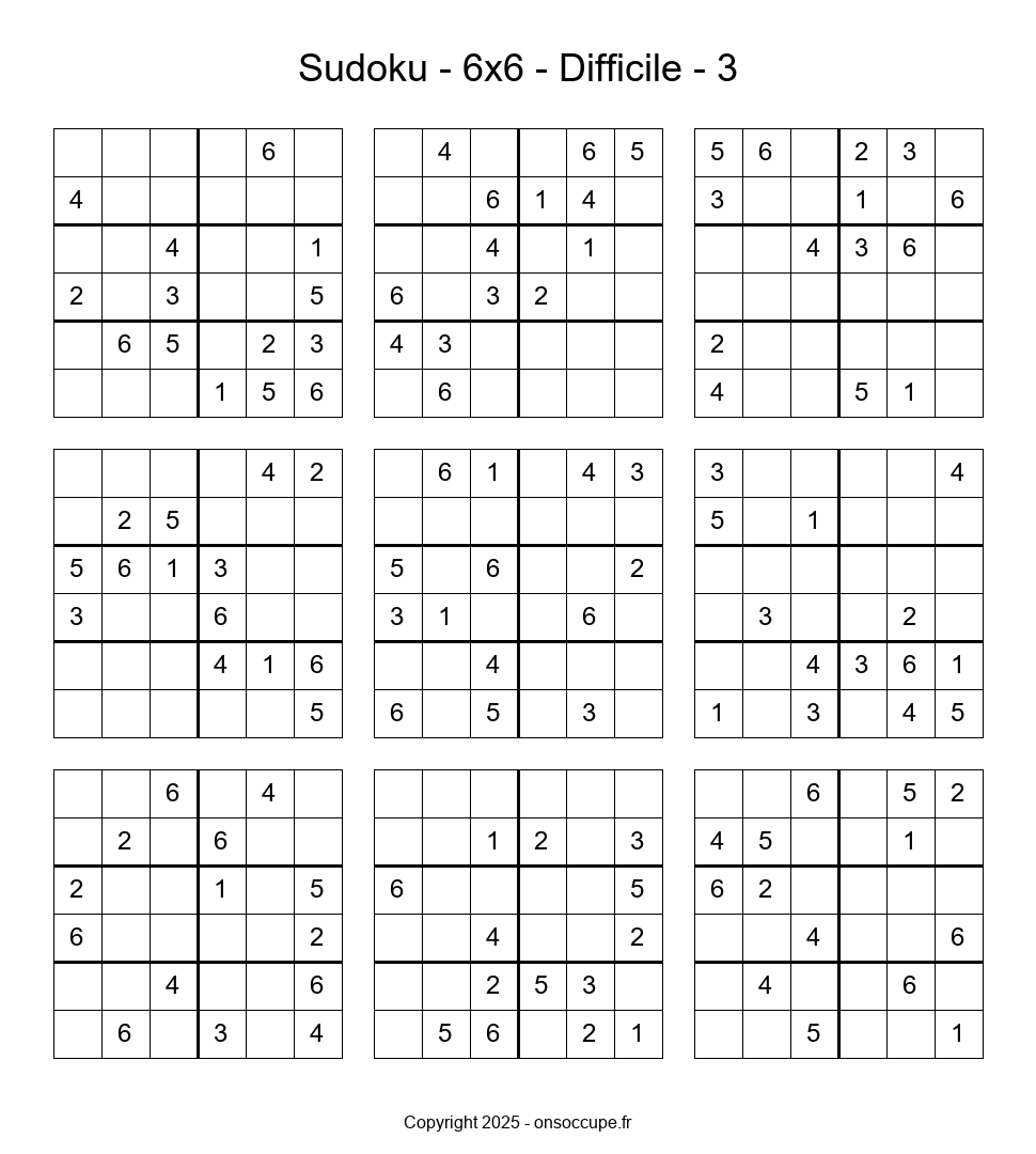 Sudoku 6×6 – Difficile #3 - Sudoku à imprimer gratuitement