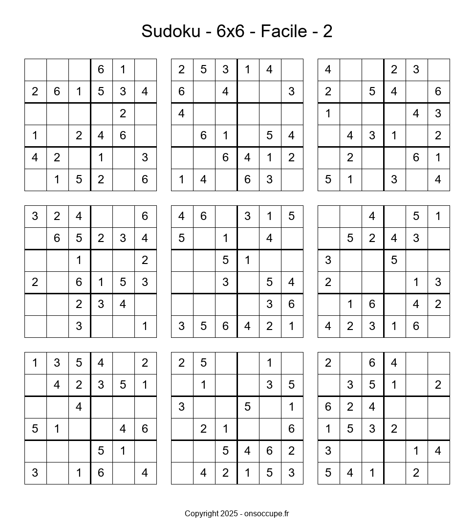 Sudoku – 6×6 – Facile #2 - Sudoku à imprimer gratuitement
