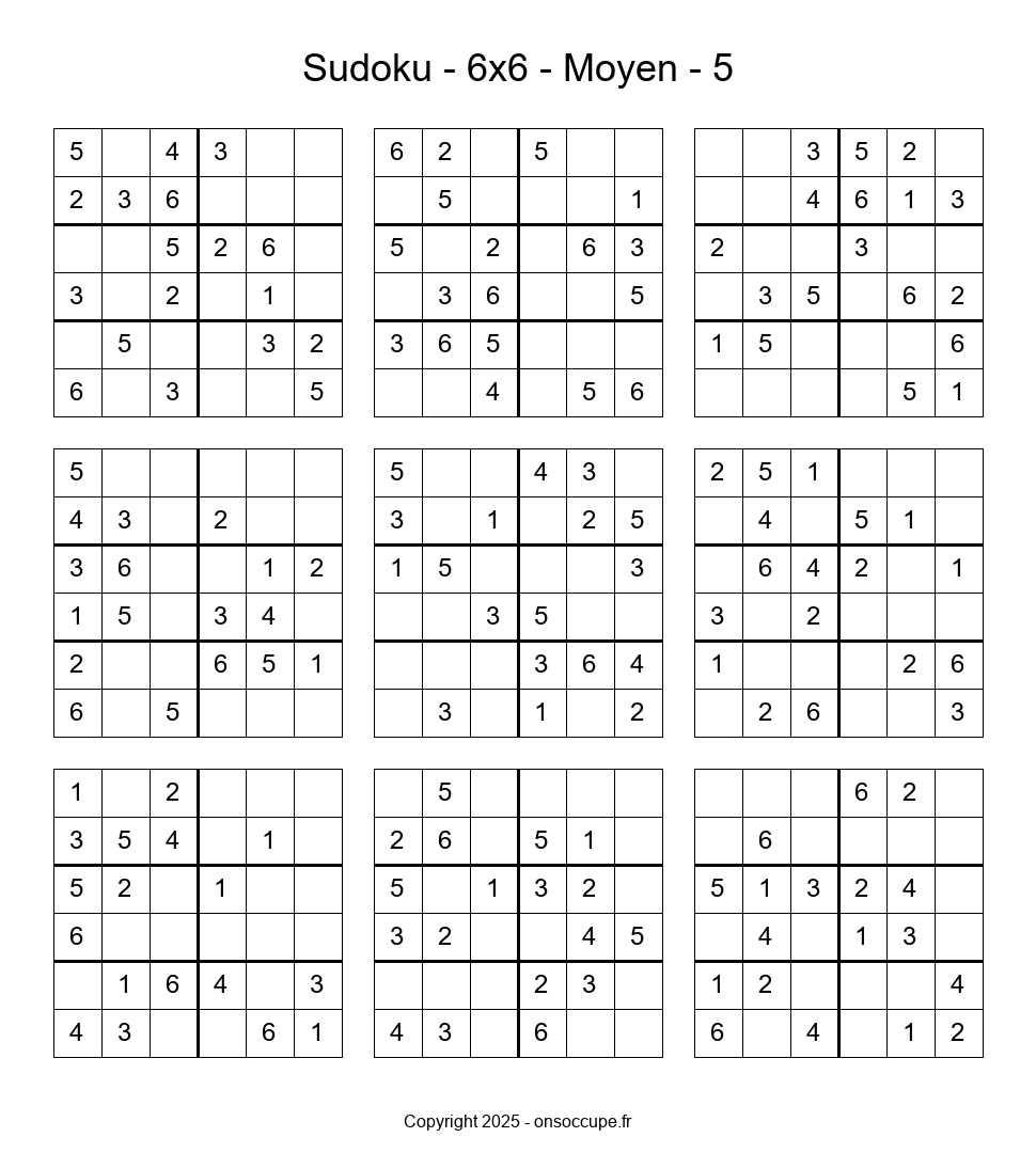 Sudoku 6×6 – Moyen #5 - Sudoku à imprimer gratuitement