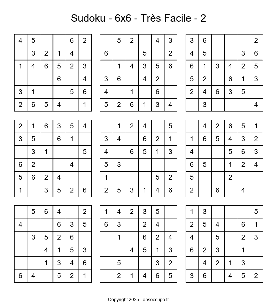 Grille de Sudoku – 6×6 – Très Facile (2) - Sudoku à imprimer gratuitement