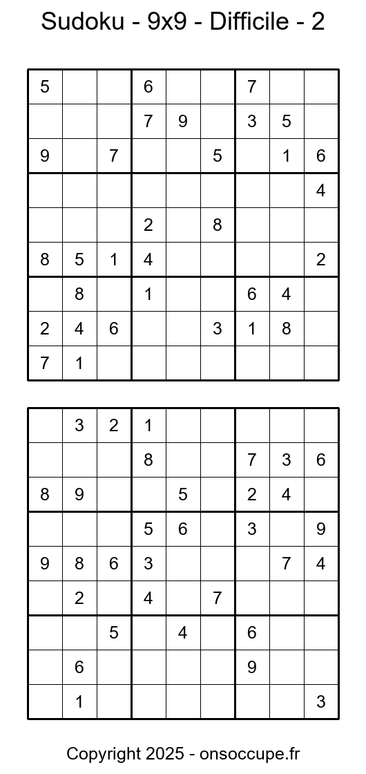 Sudoku – 9×9 – Difficile #2 - Sudoku à imprimer gratuitement