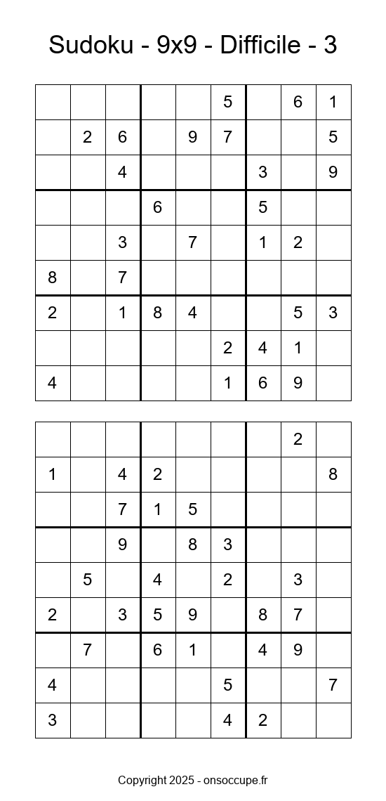 Sudoku 9×9 – Difficile #3 - Sudoku à imprimer gratuitement
