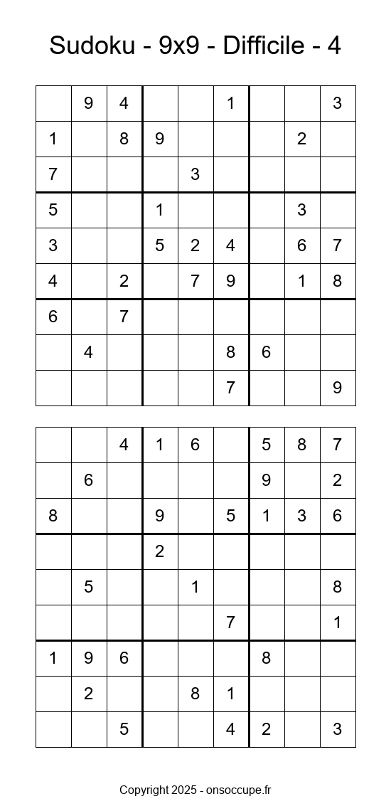 Sudoku 9×9 – Difficile #4 - Sudoku à imprimer gratuitement