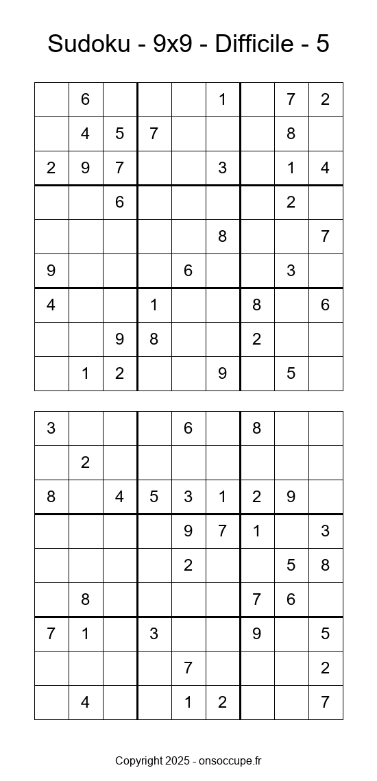 Sudoku 9×9 – Difficile #5 - Sudoku à imprimer gratuitement