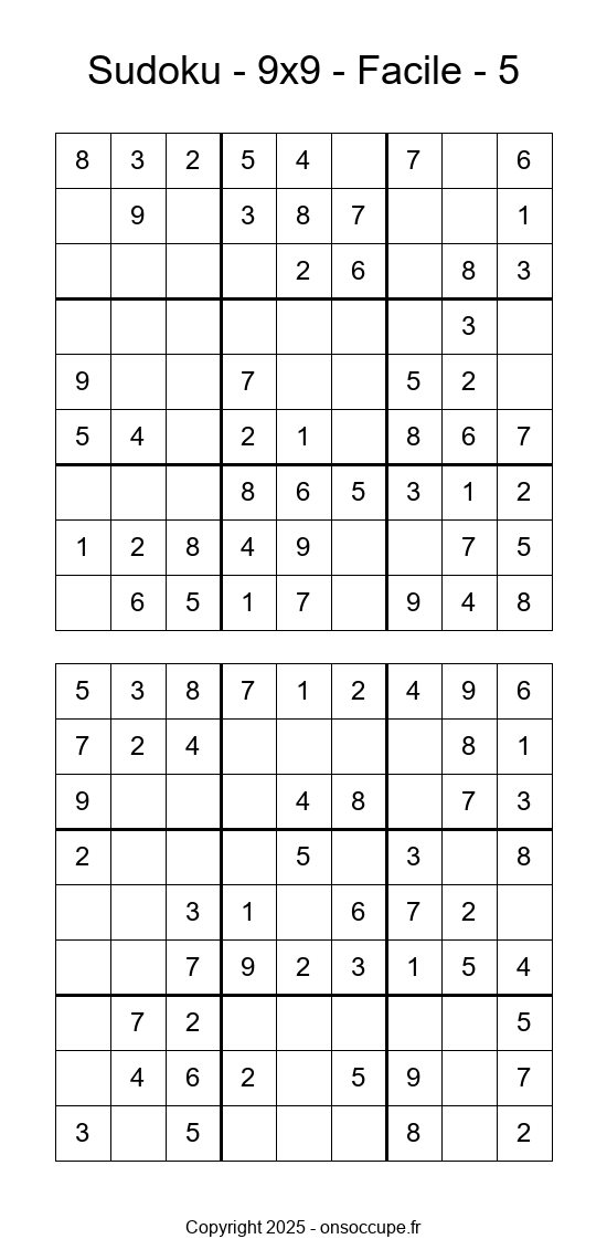 Sudoku 9×9 – Facile #5 - Sudoku à imprimer gratuitement