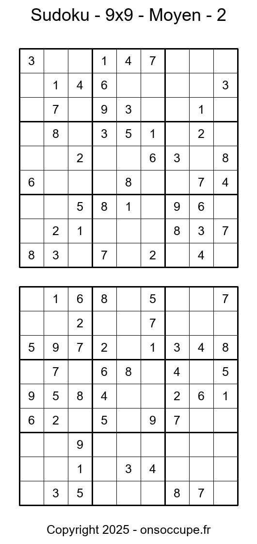 Sudoku – 9×9 – Moyen #2 - Sudoku à imprimer gratuitement