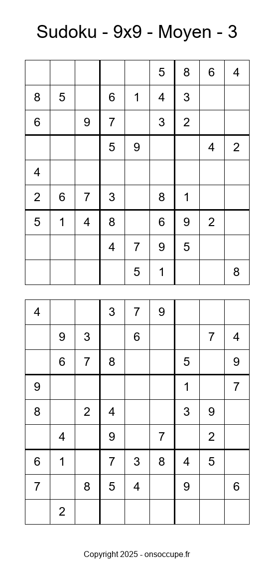 Sudoku 9×9 – Moyen #3 - Sudoku à imprimer gratuitement