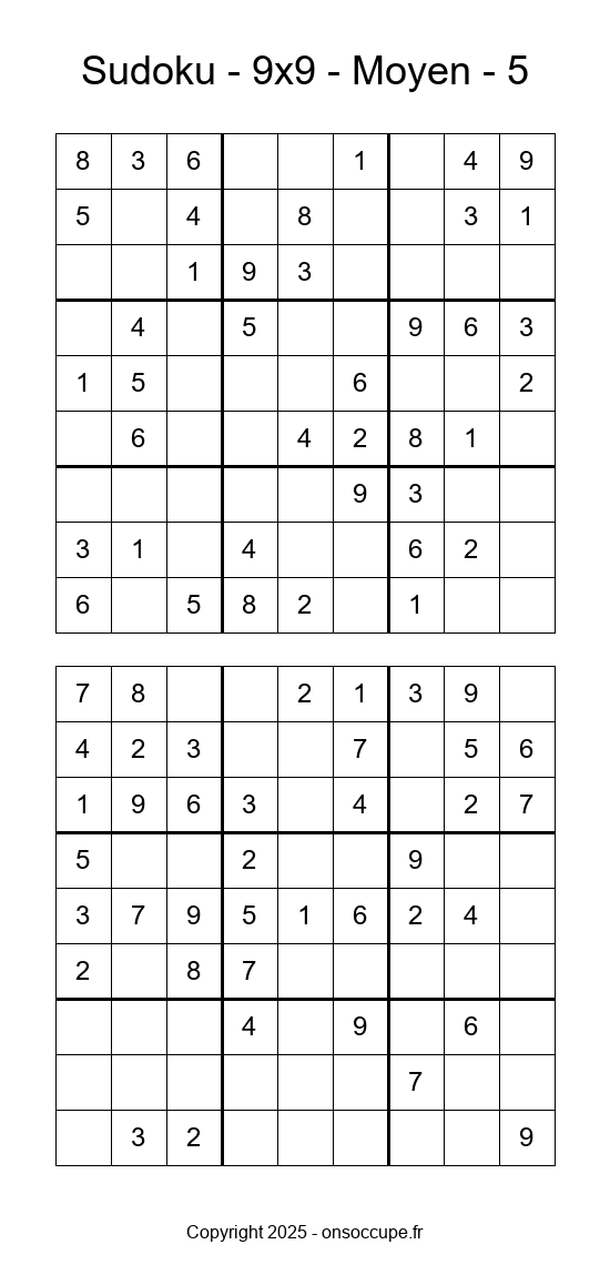 Sudoku 9×9 – Moyen #5 - Sudoku à imprimer gratuitement