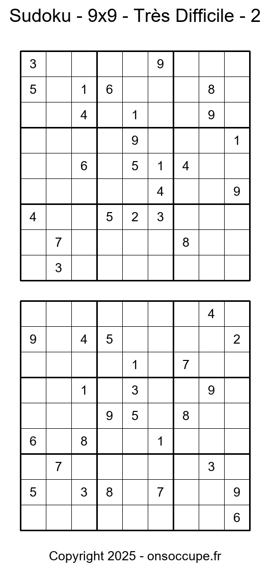Sudoku – 9×9 – Très Difficile #2 - Sudoku à imprimer gratuitement