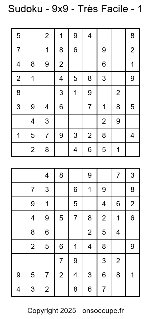 Sudoku 9×9 Très Facile (1) - Sudoku à imprimer gratuitement
