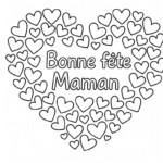 Coloriage Le coloriage montre un joli dessin où un grand cœur est composé de nombreux petits cœurs, avec le message "Bonne fête Maman" au centre.