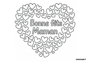 Le coloriage montre un joli dessin où un grand cœur est composé de nombreux petits cœurs, avec le message "Bonne fête Maman" au centre.