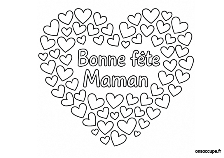 Le coloriage montre un joli dessin où un grand cœur est composé de nombreux petits cœurs, avec le message "Bonne fête Maman" au centre.