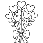 Coloriage Coloriage de bouquet de fleurs en forme de cœurs pour la Fête des Mères. Dessin simple avec l'inscription 'Bonne Fête Maman'."
