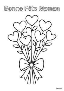 Coloriage de bouquet de fleurs en forme de cœurs pour la Fête des Mères. Dessin simple avec l'inscription 'Bonne Fête Maman'."