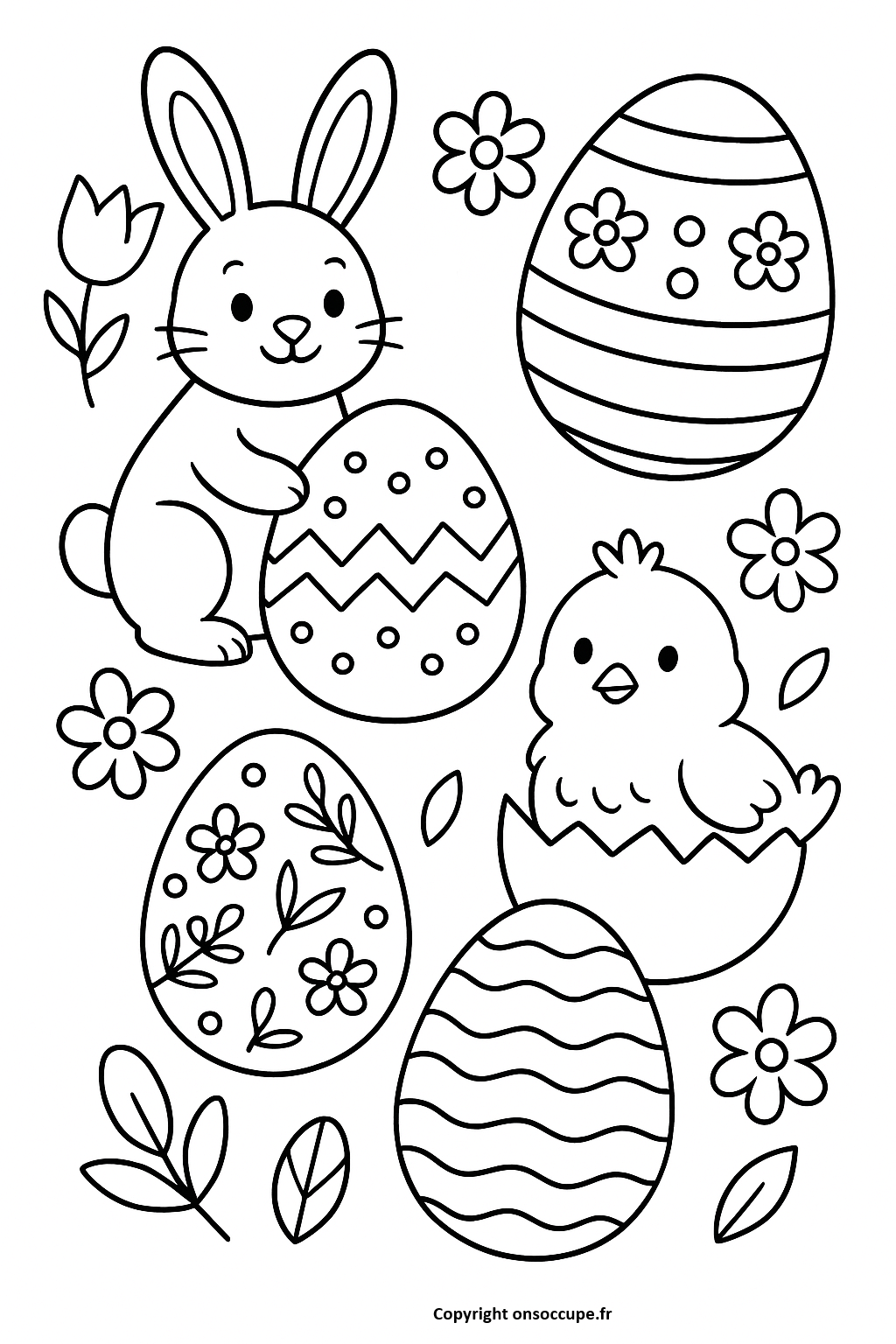 Coloriage Coloriage Lapin oeufs et Poussin de Pâques - Animaux à imprimer gratuitement