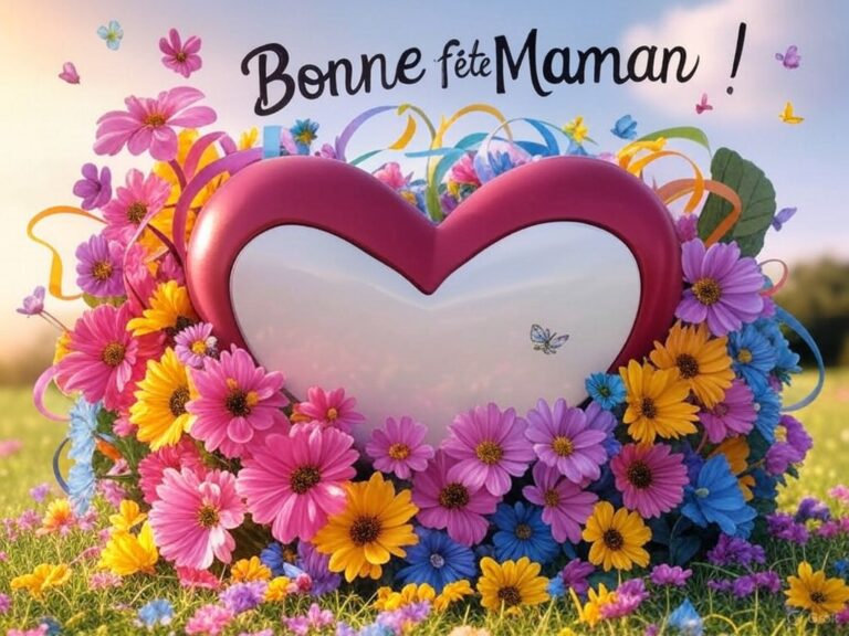 Un cœur entouré de fleurs avec le texte Bonne Fête Maman.