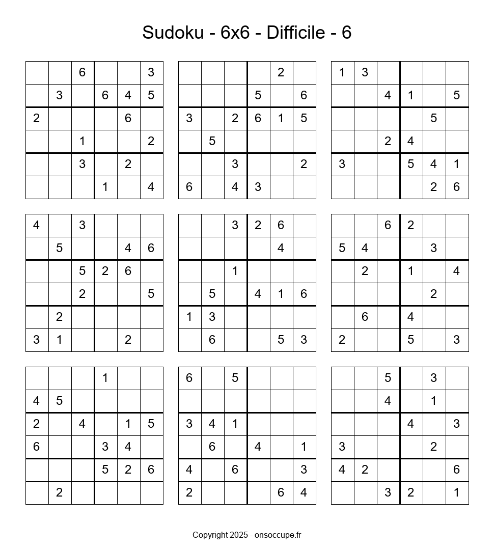 Sudoku 6×6 – Difficile #6 - Sudoku à imprimer gratuitement