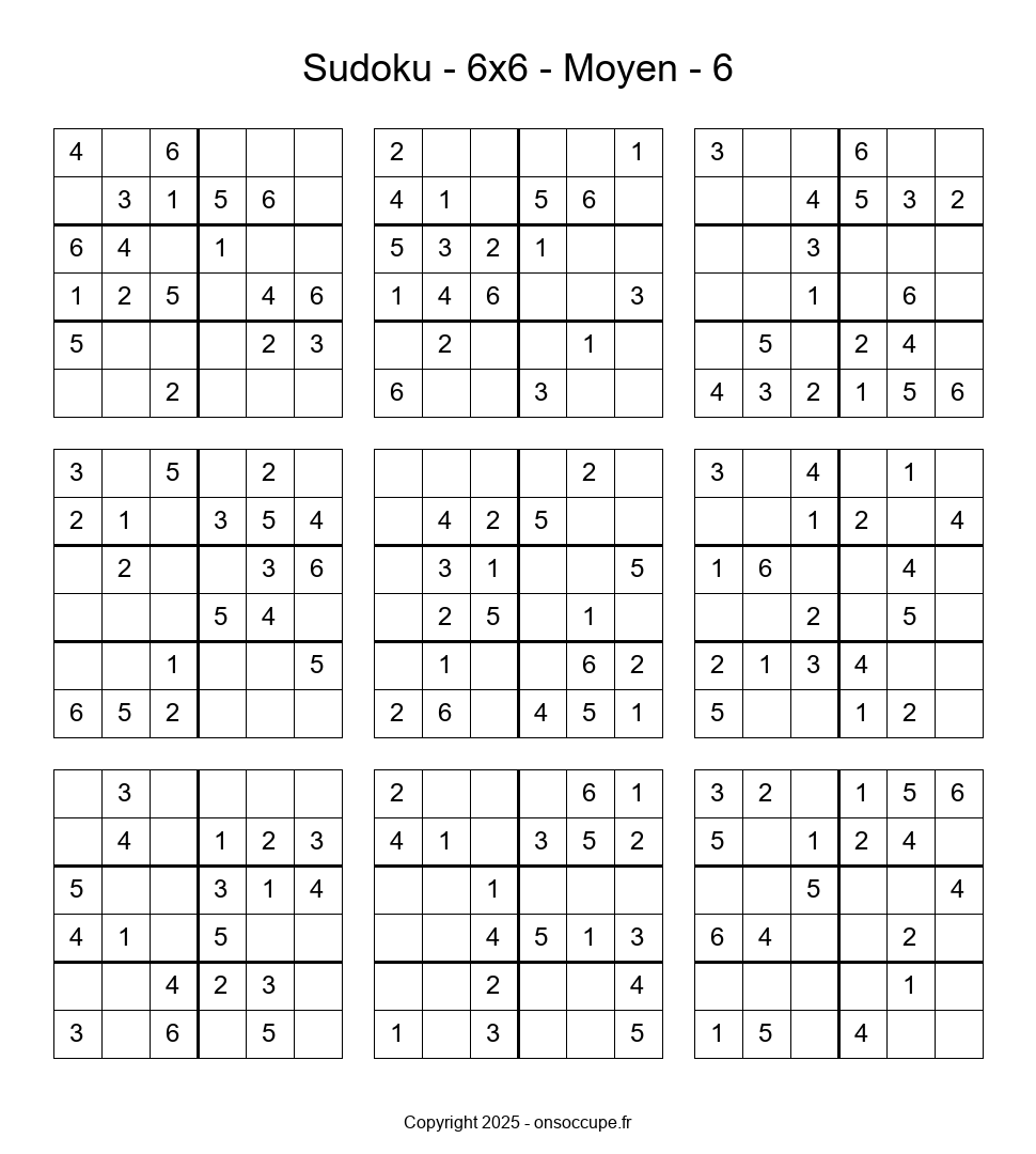 Sudoku 6×6 – Moyen #6 - Sudoku à imprimer gratuitement
