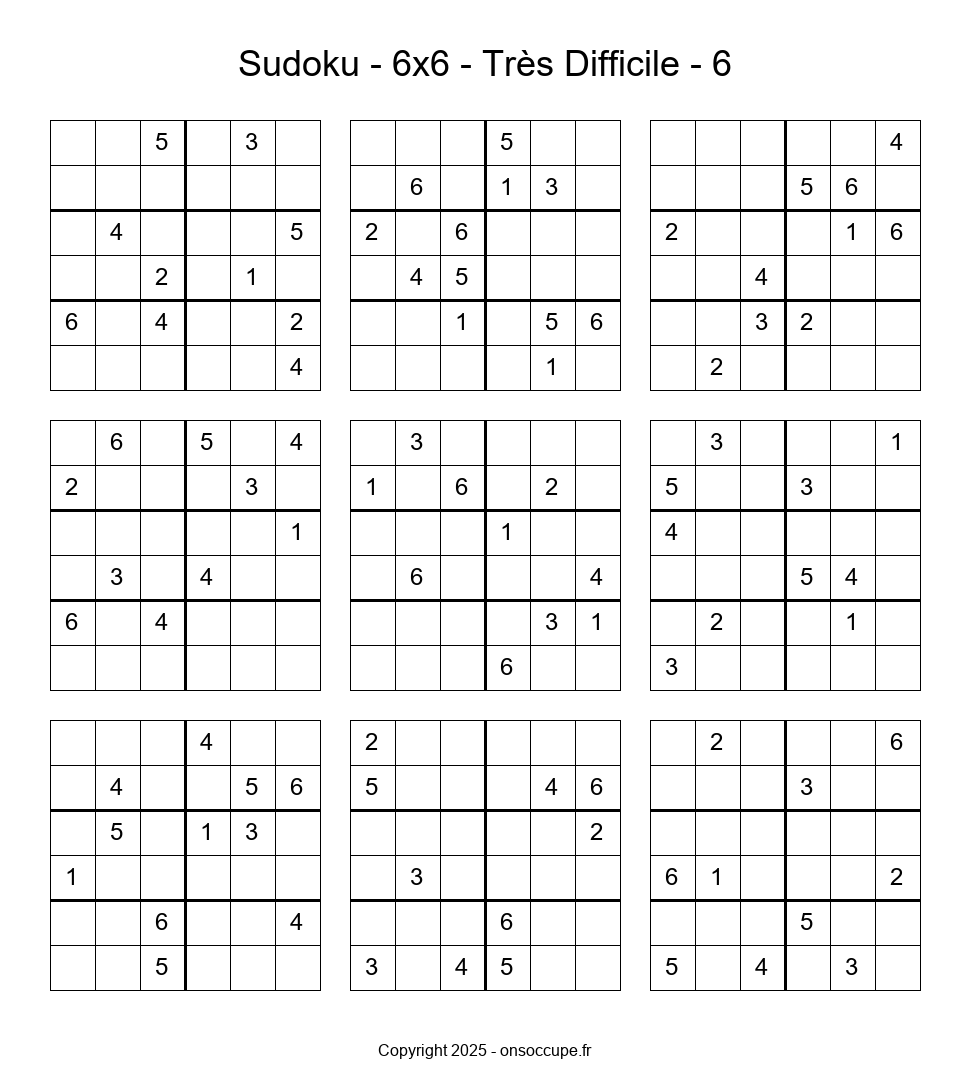 Sudoku 6×6 – Très Difficile #6 - Sudoku à imprimer gratuitement