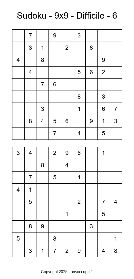 Sudoku 9×9 – Difficile #6 - Sudoku à imprimer gratuitement