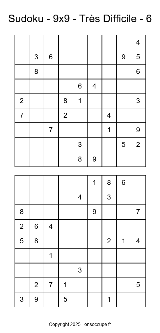 Sudoku 9×9 – Très Difficile #6 - Sudoku à imprimer gratuitement