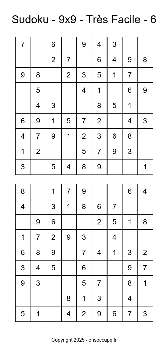 Sudoku 9×9 – Très Facile #6 - Sudoku à imprimer gratuitement