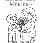 Coloriage Un enfant qui offre un bouquet de fleurs à sa maman pour la fête des mères.