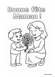 Un enfant qui offre un bouquet de fleurs à sa maman pour la fête des mères.