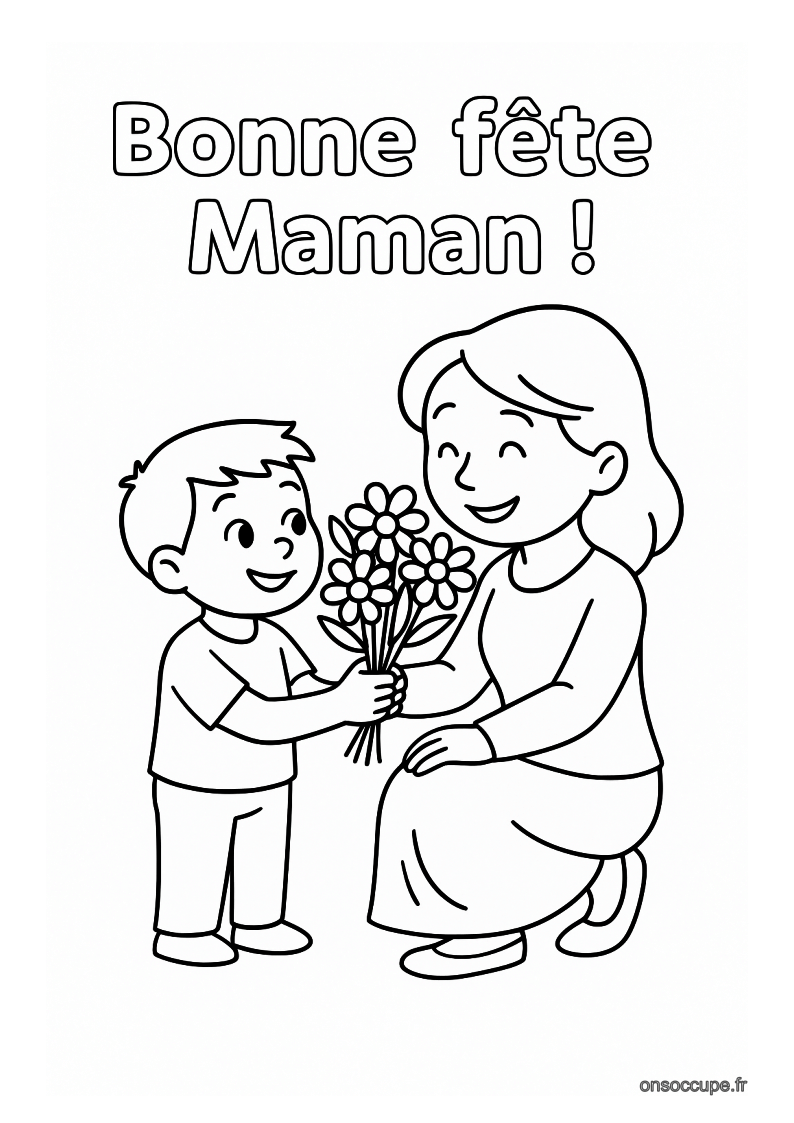 Un enfant qui offre un bouquet de fleurs à sa maman pour la fête des mères.
