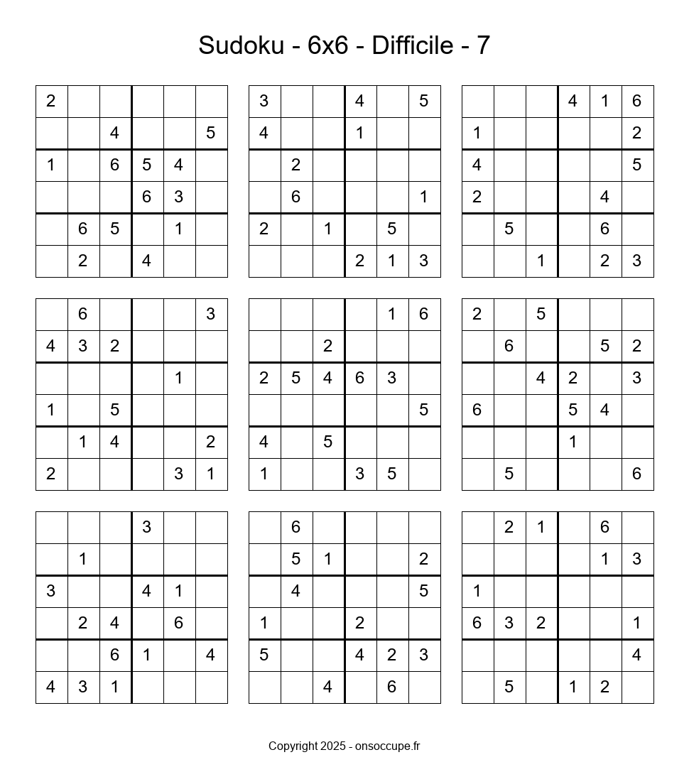 Sudoku 6×6 – Difficile #7 - Sudoku à imprimer gratuitement