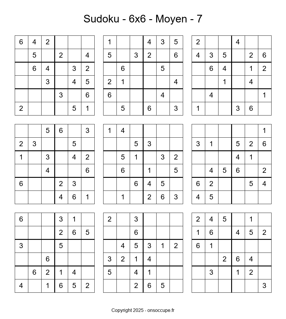 Sudoku 6×6 – Moyen #7 - Sudoku à imprimer gratuitement