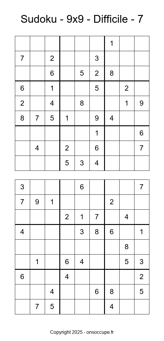 Sudoku 9×9 – Difficile #7 - Sudoku à imprimer gratuitement