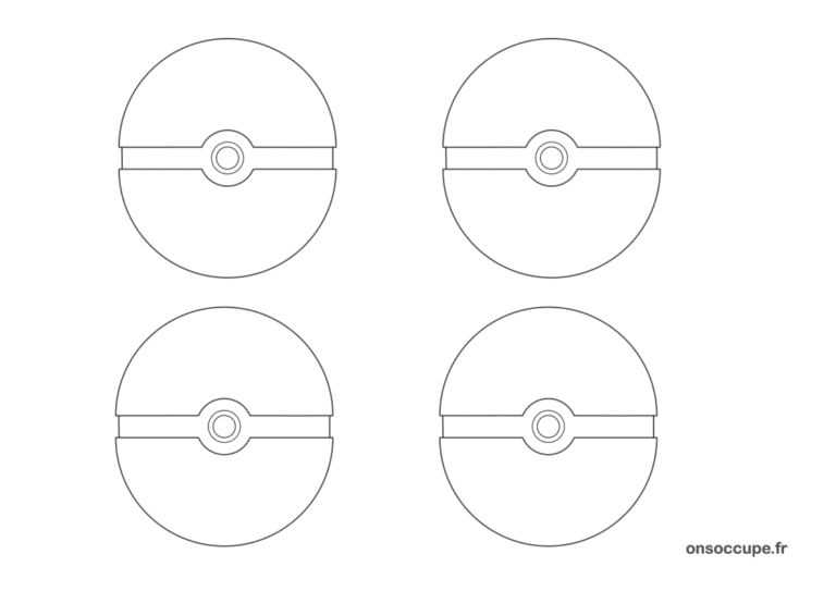 Planche de 4 pokeball à imprimer gratuitement pour coloriage et découpage.