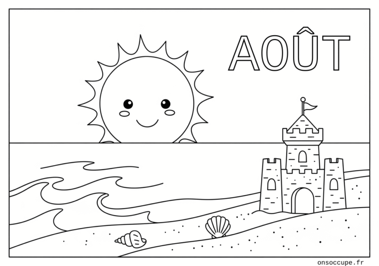 Coloriage sur le thème du mois d'août. Une plage avec la mer, un chateau de sable, le soleil et de coquillages. Le texte "Août" apparaît en haut à droite à colorier également.