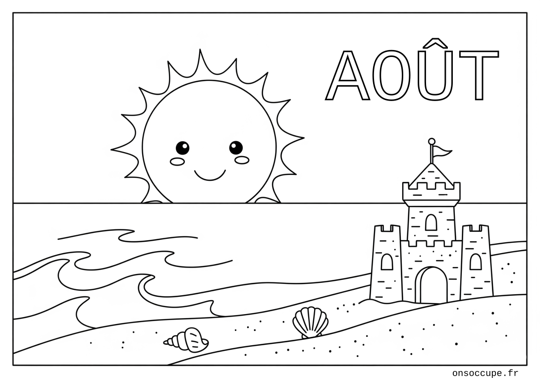 Coloriage Coloriage Mois d'Août #1 - Plage, soleil, mer et coquillages - Mois - Jours - Saisons à imprimer gratuitement