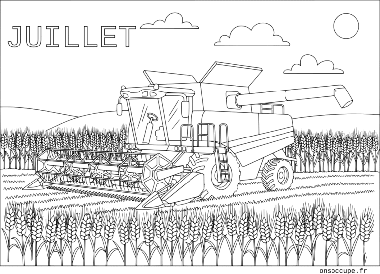 Un coloriage sur le thème du mois de juillet avec une moissonneuse sous le soleil dans un champ de blé. Le texte "juillet" apparaît à colorier en haut à gauche.