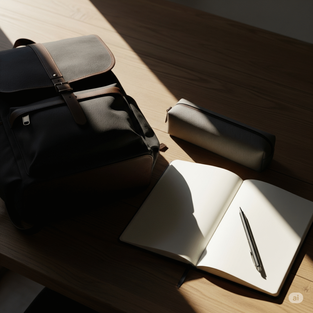 Un cartable, une trousse, un cahier et un stylo pour illustrer la rentrée scolaire.