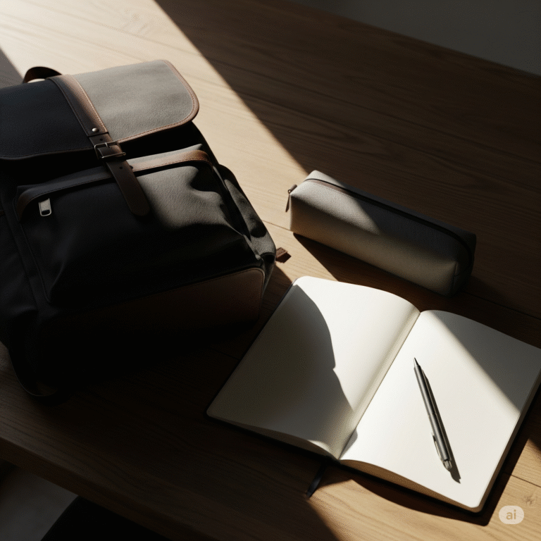 Un cartable, une trousse, un cahier et un stylo pour illustrer la rentrée scolaire.