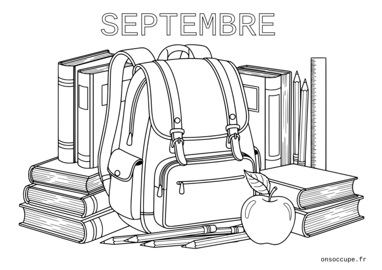 Un coloriage sur le thème du mois de septembre et de la rentrée. Avec livre cartable, crayons et mot mois "Septembre" à colorier.