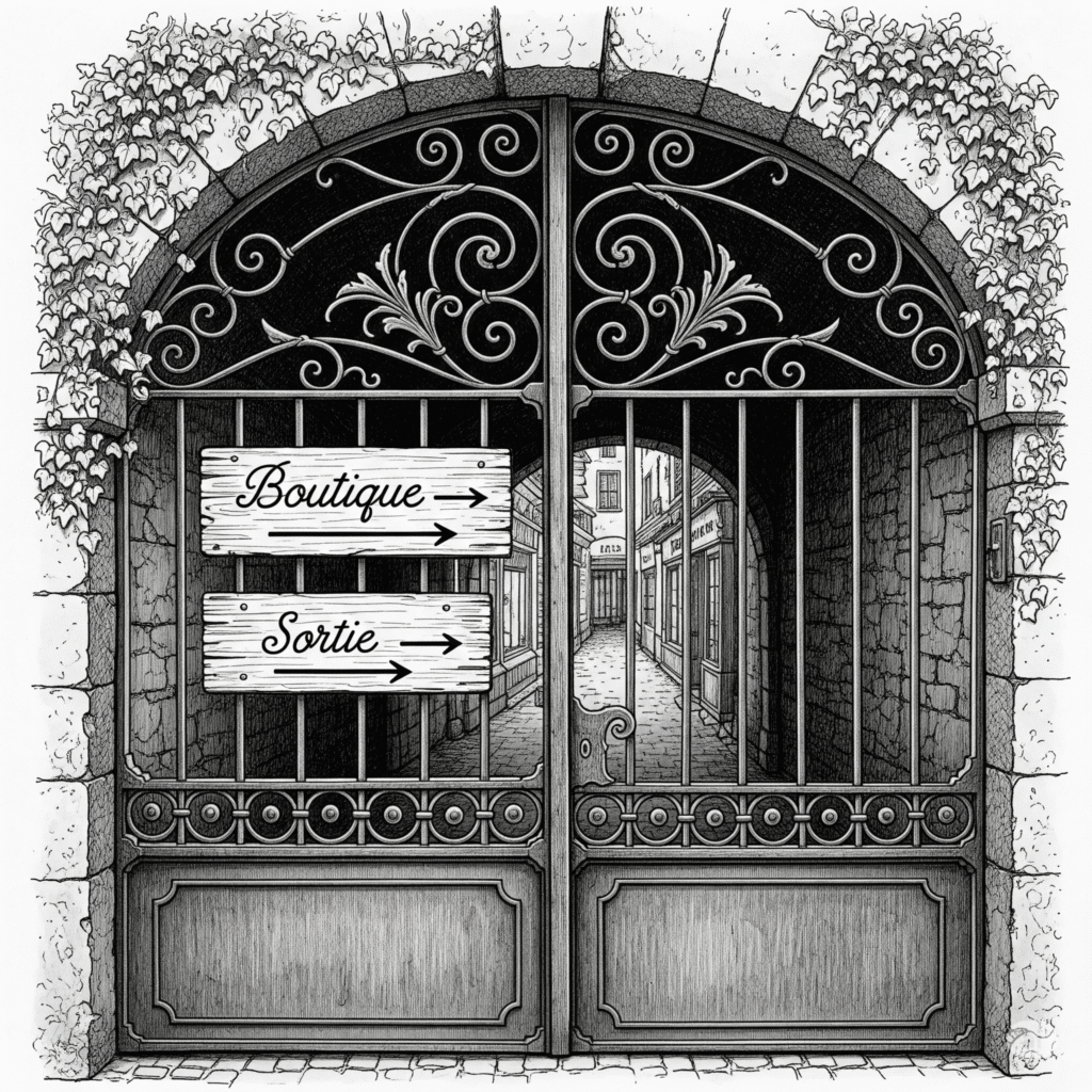 Une grille fermée et des panneaux Sortie et Boutique pointant dans la même direction.