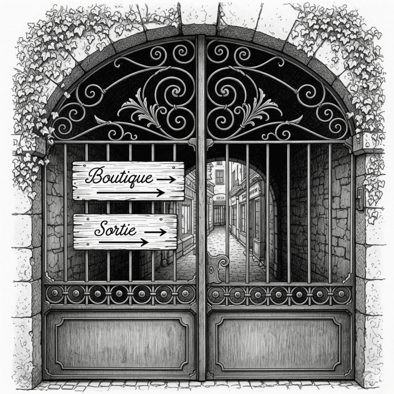 Une grille fermée et des panneaux Sortie et Boutique pointant dans la même direction.
