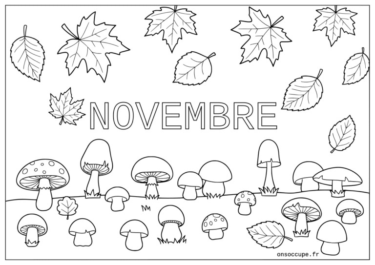 Coloriage sur le thème du mois de novembre et de l'automne avec des feuilles, des champignons et le texte "Novembre" à colorier au centre.