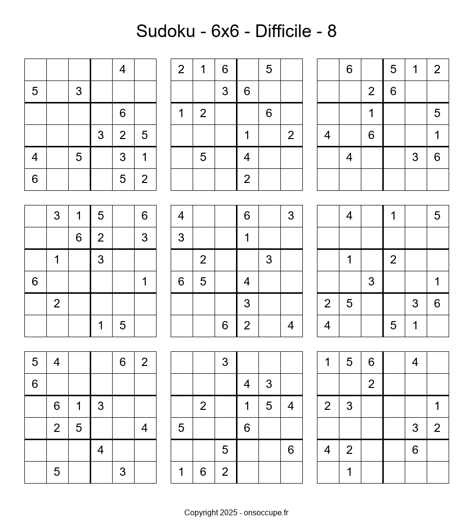 Sudoku 6×6 – Difficile #8 - Sudoku à imprimer gratuitement