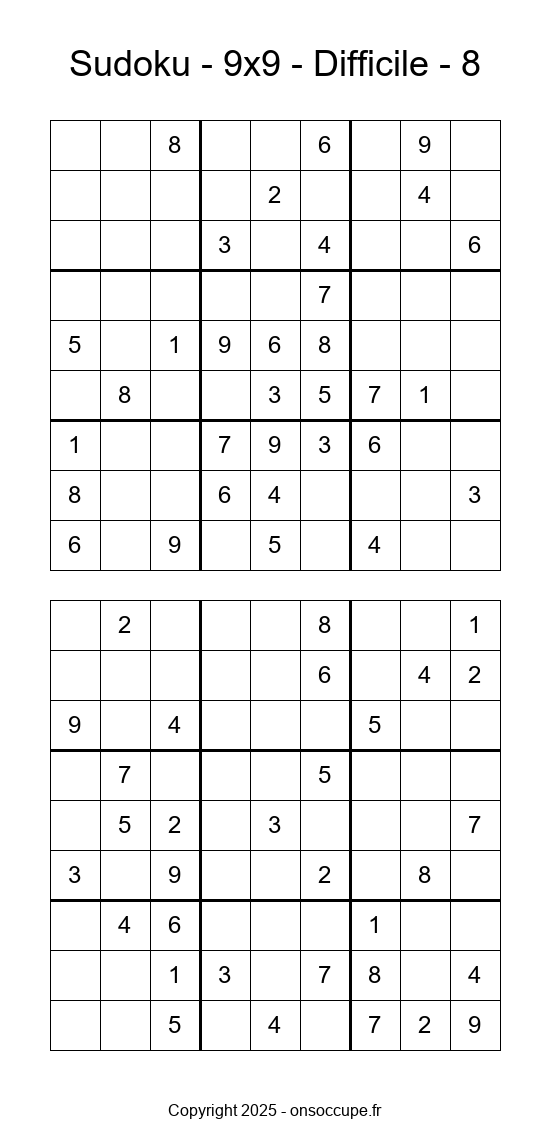 Sudoku 9×9 – Difficile #8 - Sudoku à imprimer gratuitement