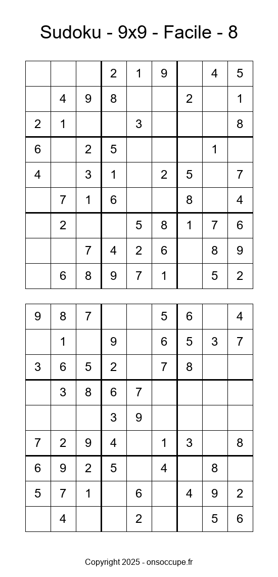 Sudoku 9×9 – Facile #8 - Sudoku à imprimer gratuitement