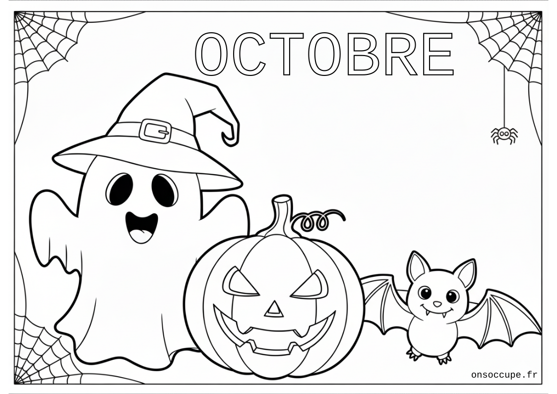 Coloriage sur le thème du mois d'octobre et de la fête de Halloween. Le mot octobre apparaît en haut en droit à colorier. Le dessin est composé d'un citrouille, d'un fantôme, d'une chauve-souris, d'ue araignée et de toiles d'araignées aux quatre coins.
